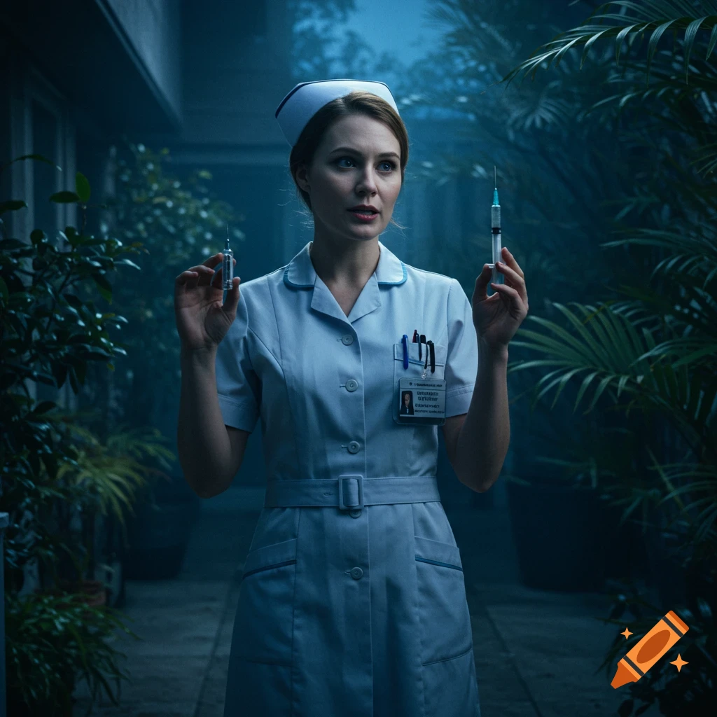 A photorealistic portrait of a Caucasian nurse in a dark, overgrown patio, holding a syringe in each hand with a slight smirk.