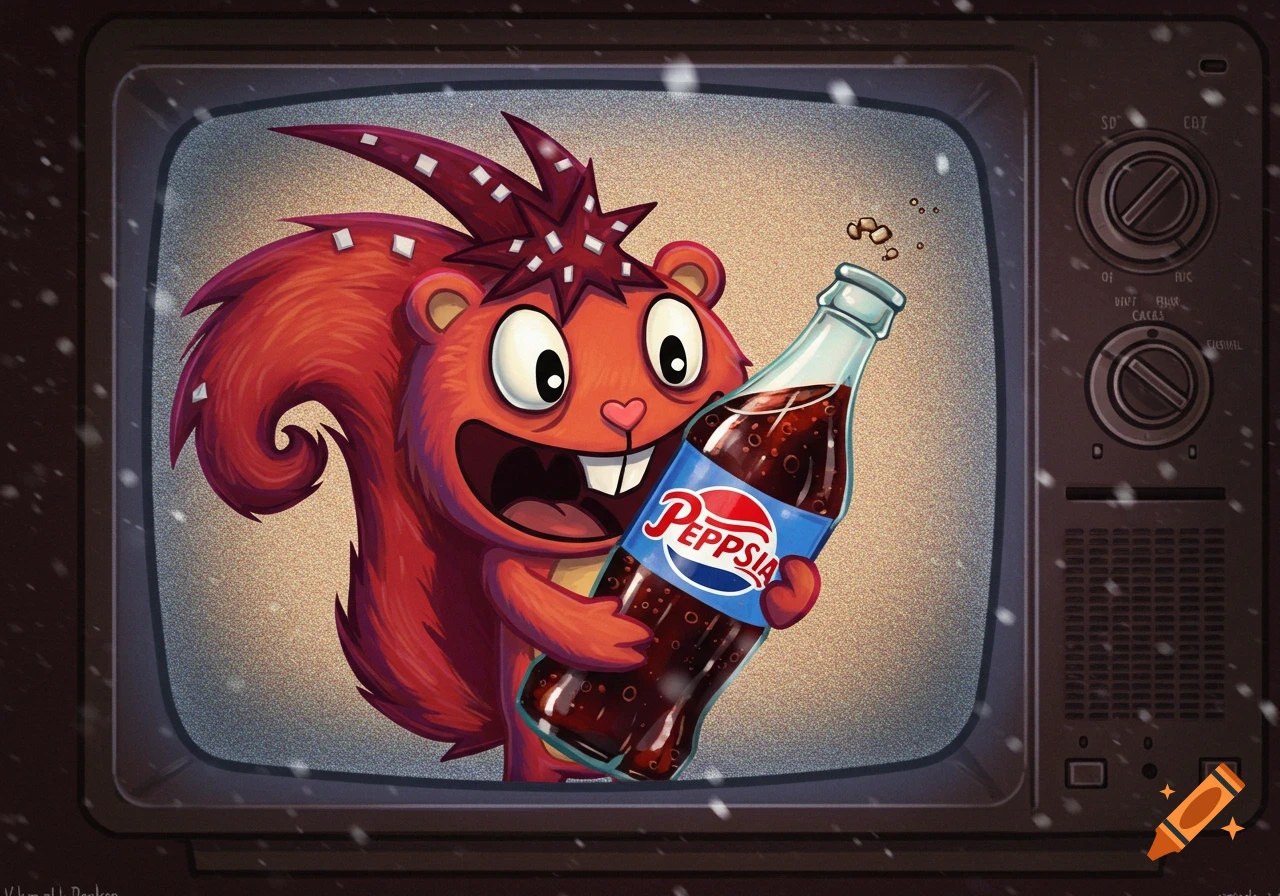 Flaky from Happy Tree Friends on a CRT TV holding a large bottle of 'PEPPSIA' soda with static.