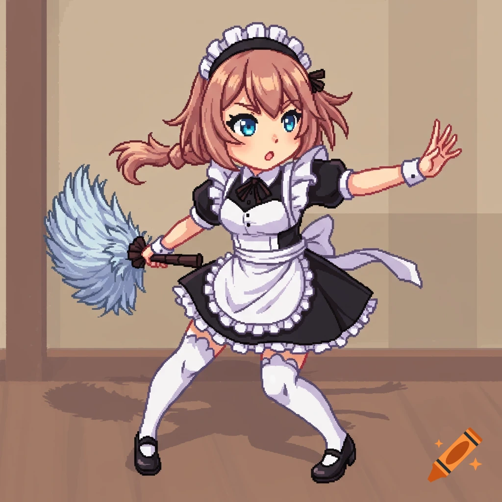 Pixel art anime maid with brown hair in a fighting stance, holding a duster in a plain room.