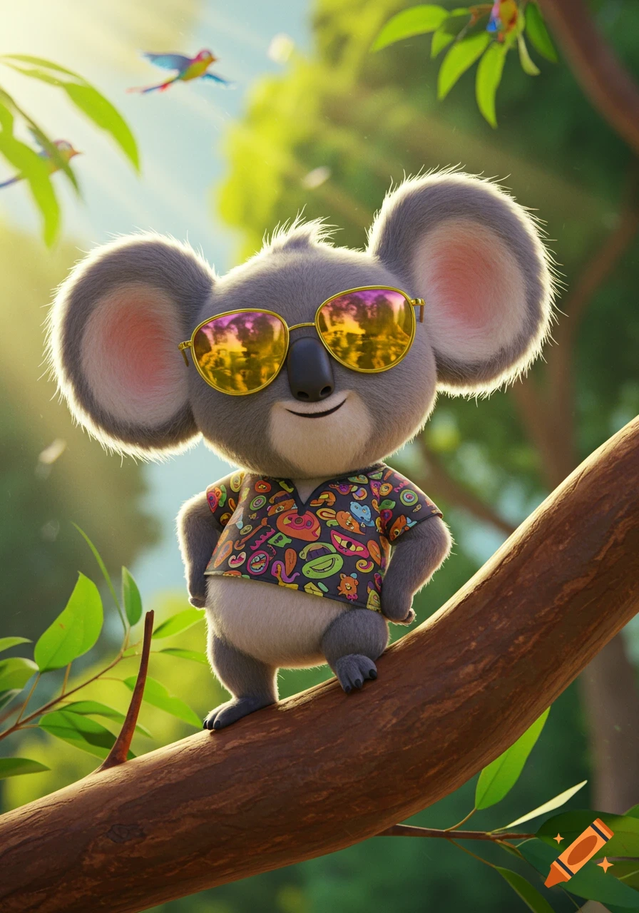 A cute animated koala wearing golden sunglasses and a colorful patterned shirt stands on a tree branch in a sunny, lush environment.