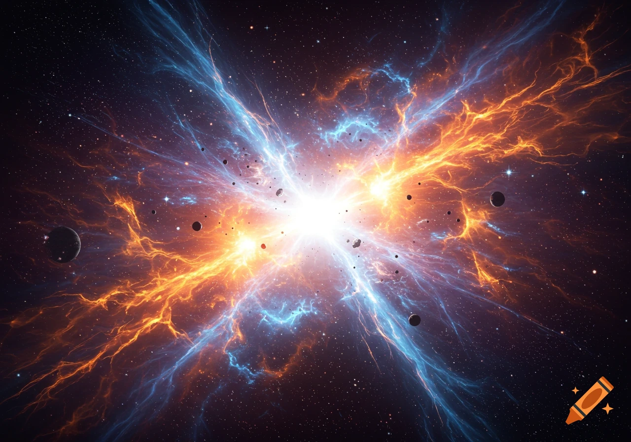 A vibrant cosmic explosion with blue and orange energy radiating from a bright center, amidst stars and planets.