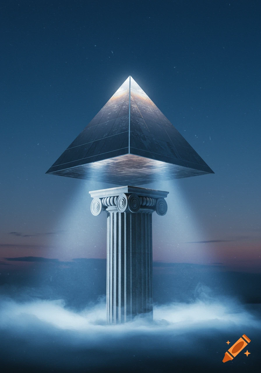 An inverted, glowing metallic pyramid floats above a classical Ionic column emerging from fog at dusk.