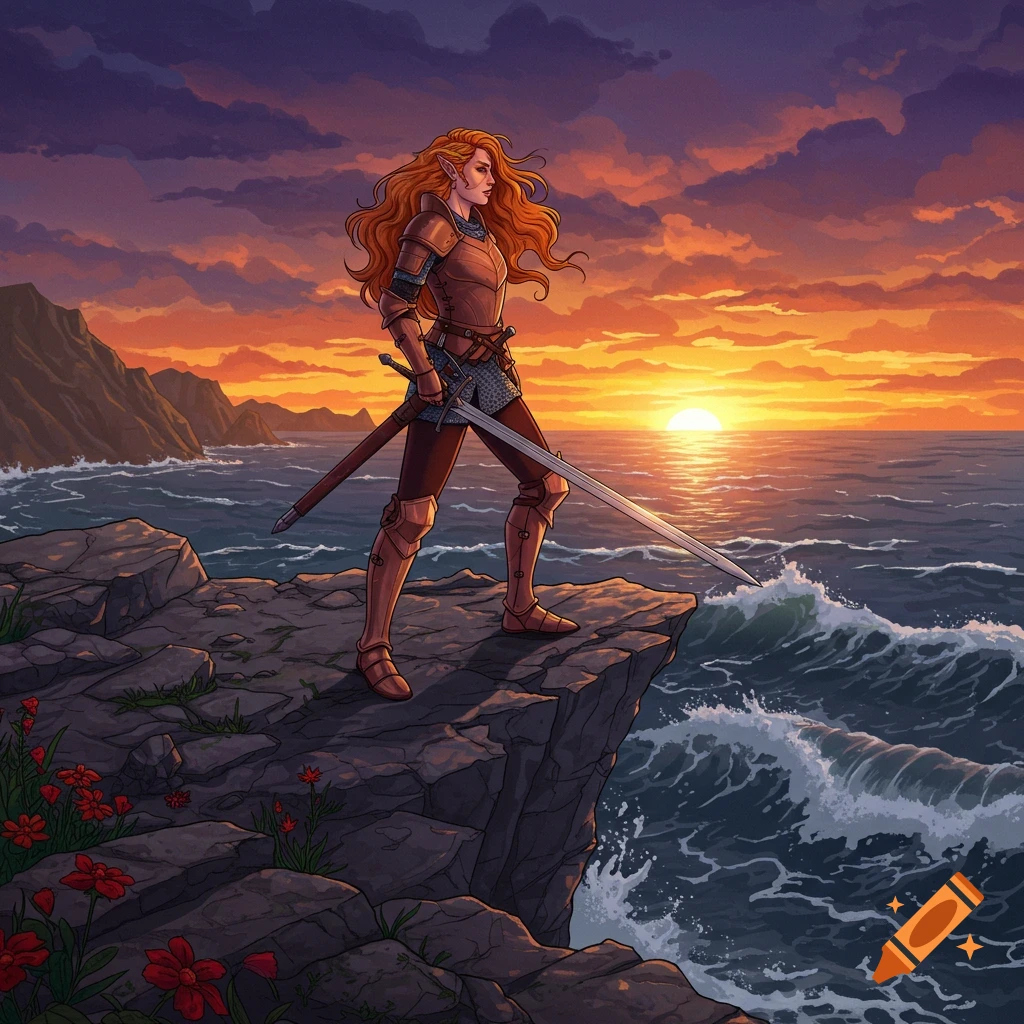 A ginger warrior in brown armor stands on a cliff with a sword, looking out at a dramatic ocean sunset in an illustrative style.