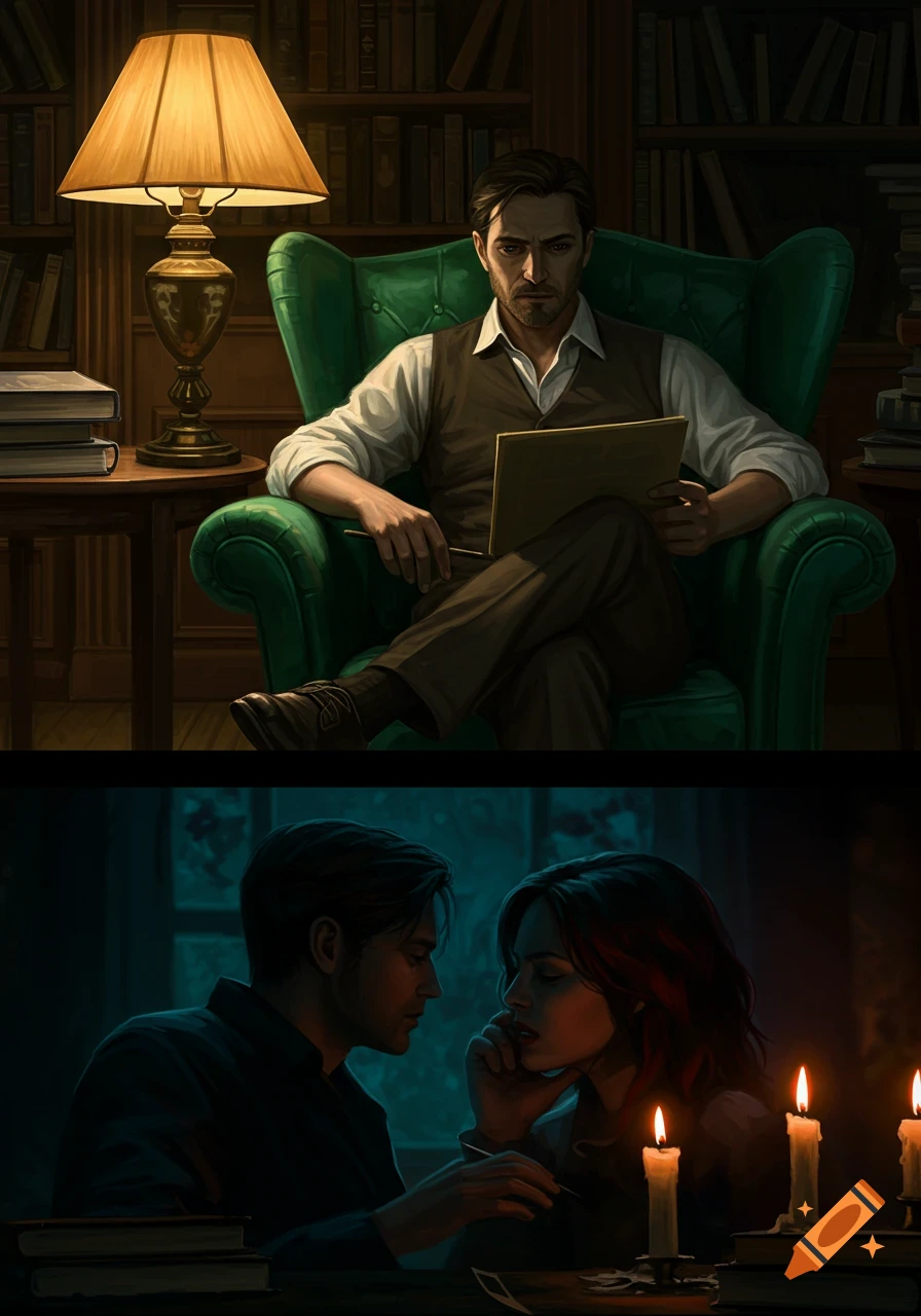 A split image shows a man reading in a library and a couple looking intensely at each other in a dimly lit room with candles.