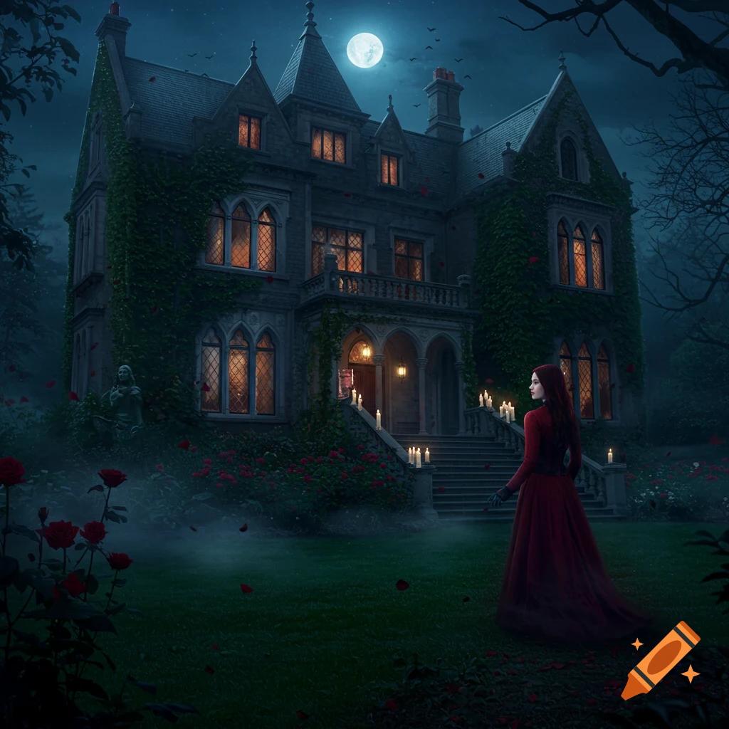A woman in a flowing red gown stands in a rose garden before a sprawling, ivy-covered gothic mansion at night under a full moon.