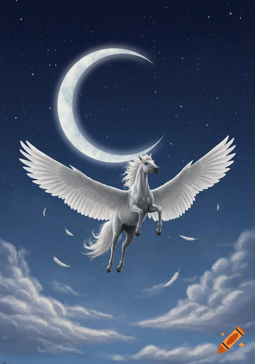 A white pegasus flies through a starry night sky, with a bright crescent moon above and soft clouds below.