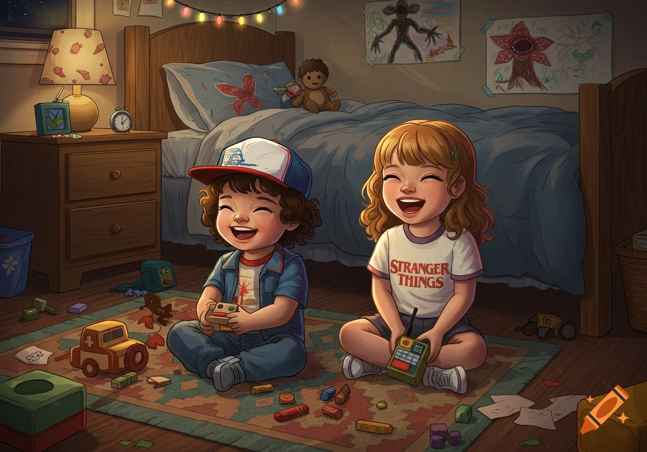 A cartoon of two happy toddlers, a boy in a trucker hat and a girl in a "Stranger Things" shirt, playing with toys in a cozy bedroom with string lights and Demogorgon drawings.