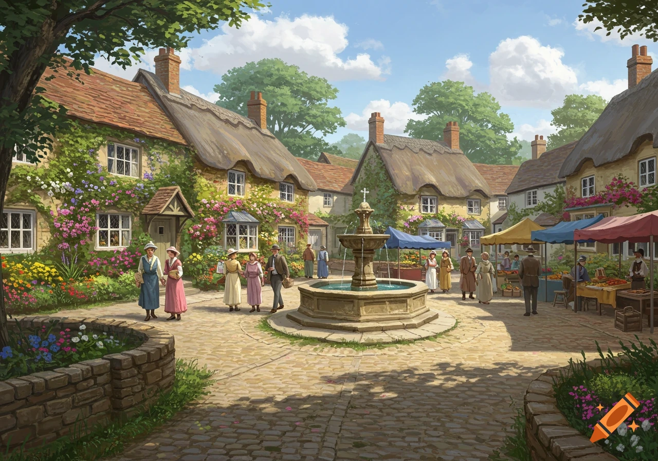 Illustration of an idyllic English village square with a fountain, market stalls, people, and thatched-roof cottages.