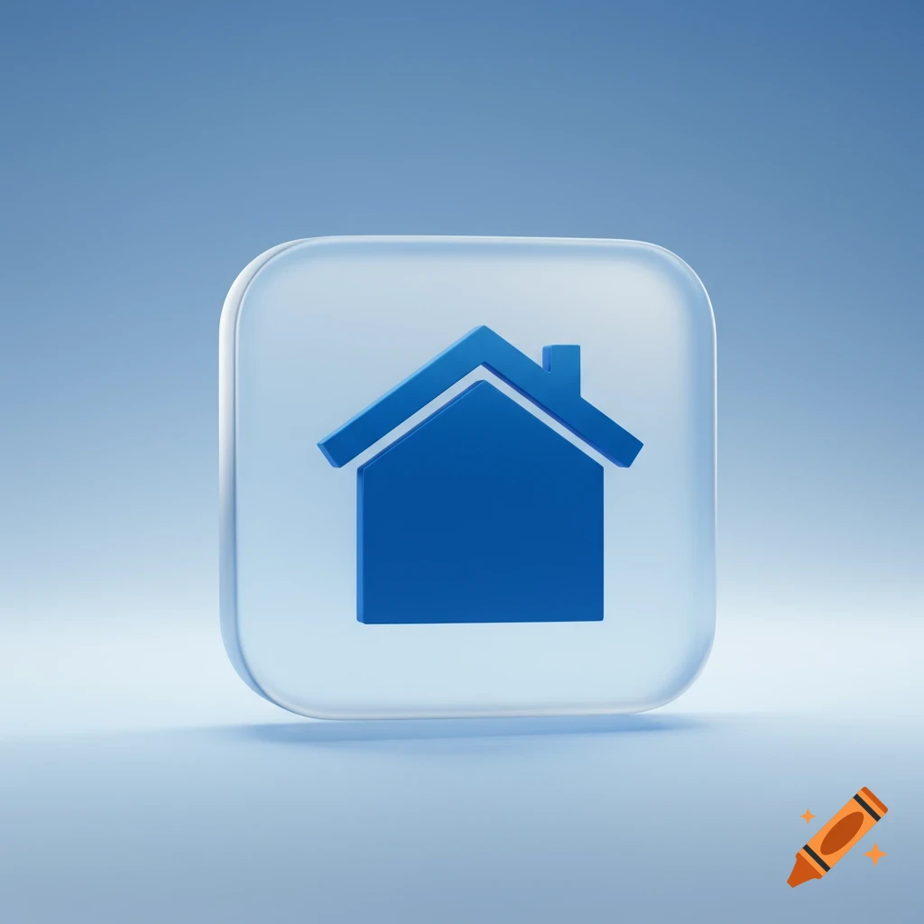A blue house icon inside a frosted glass-like square with rounded corners on a light blue background.