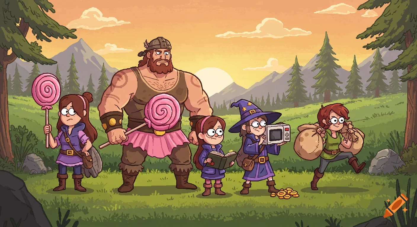 Pixel art of five cartoon adventurers in a field at sunset. A large man in a pink skirt holds a lollipop with four smaller characters around him.