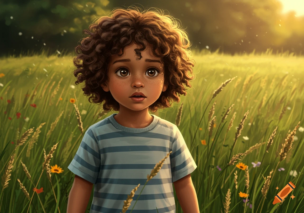 A cute, curly-haired boy with freckles stands in a sunlit grassy field, looking forward with wide eyes in a vibrant illustration.