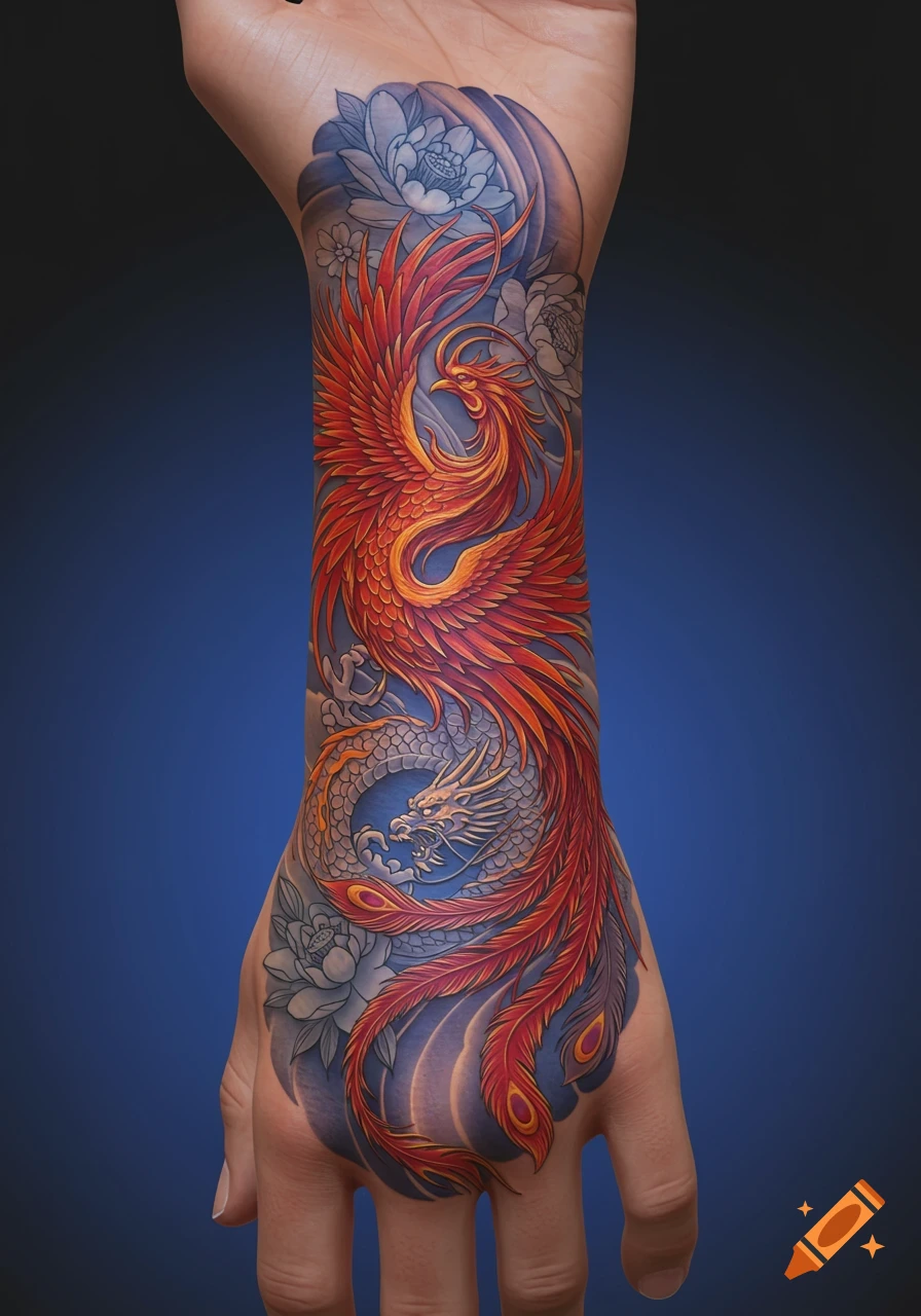 A vibrant tattoo featuring a red phoenix and a grey dragon intertwined on a person's forearm and hand, with blue and white flowers.