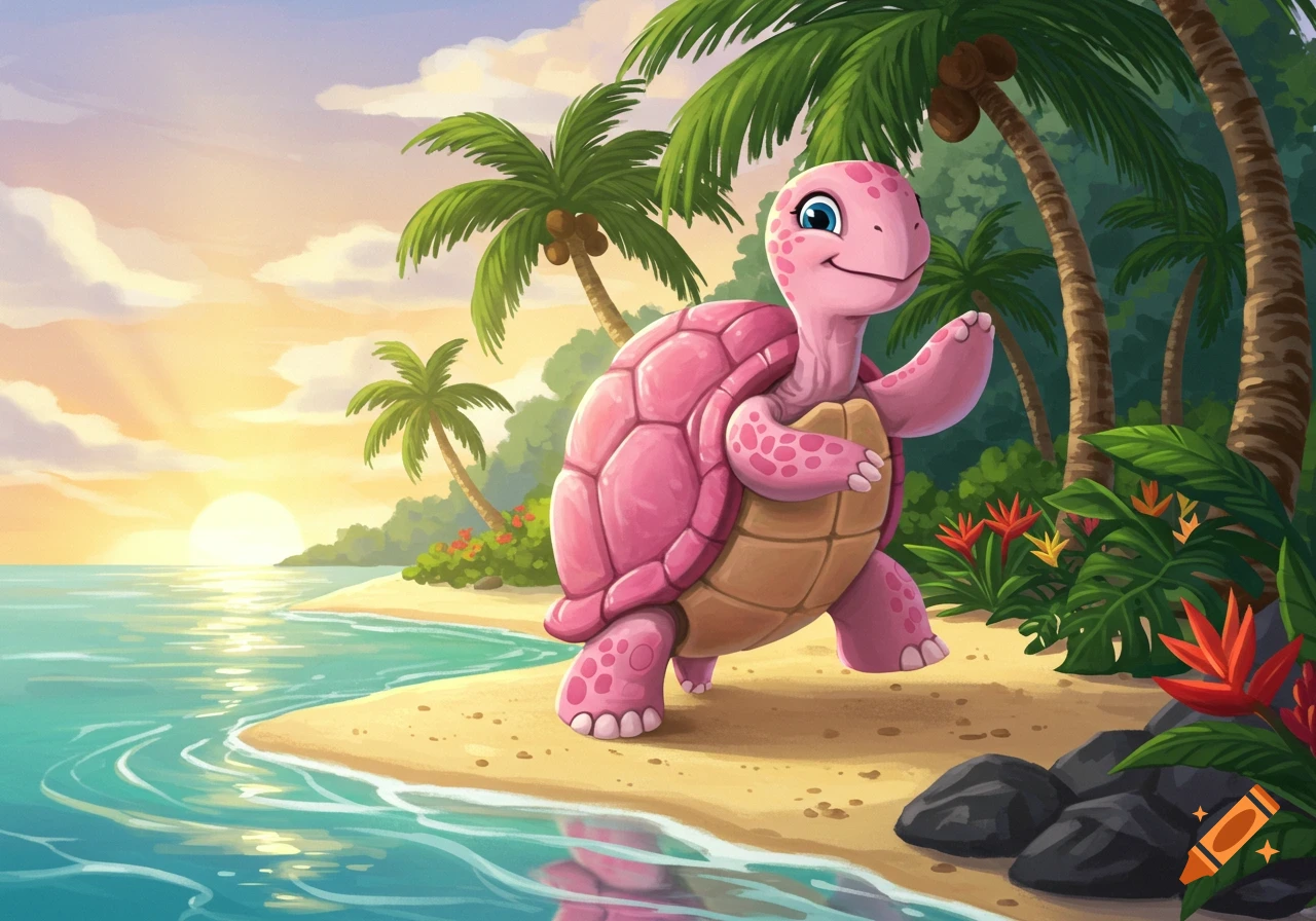 A happy pink cartoon turtle with blue eyes dances on a sandy tropical beach with palm trees at sunset.