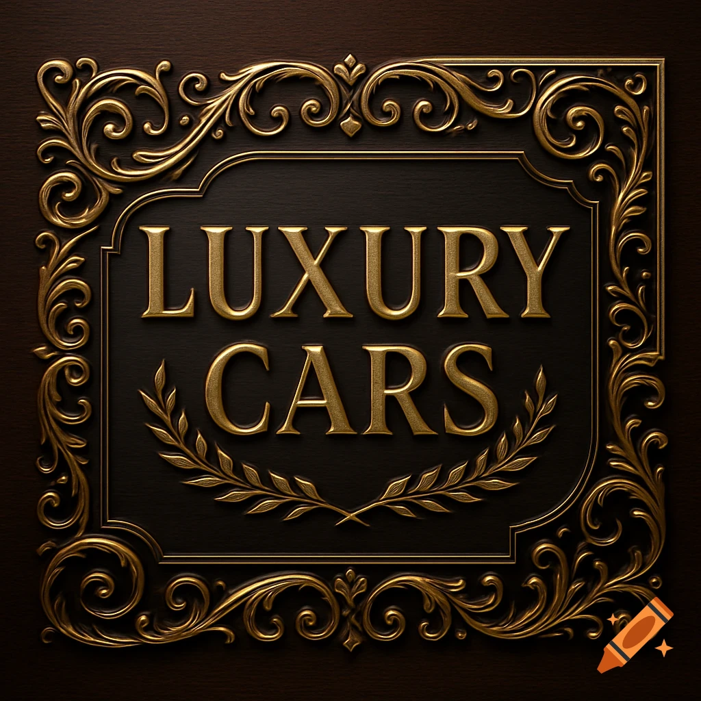 Ornate gold sign with filigree frame and laurel wreath, displaying 'LUXURY CARS' in golden 3D text on a dark wooden background.