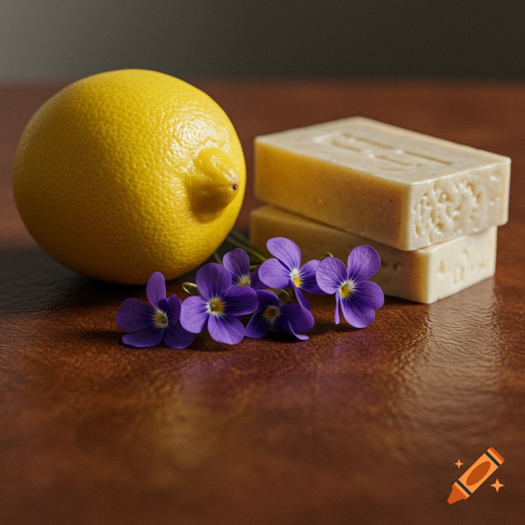 A vibrant yellow lemon, a small bouquet of purple violets, and two bars of soap rest on a brown leather surface.