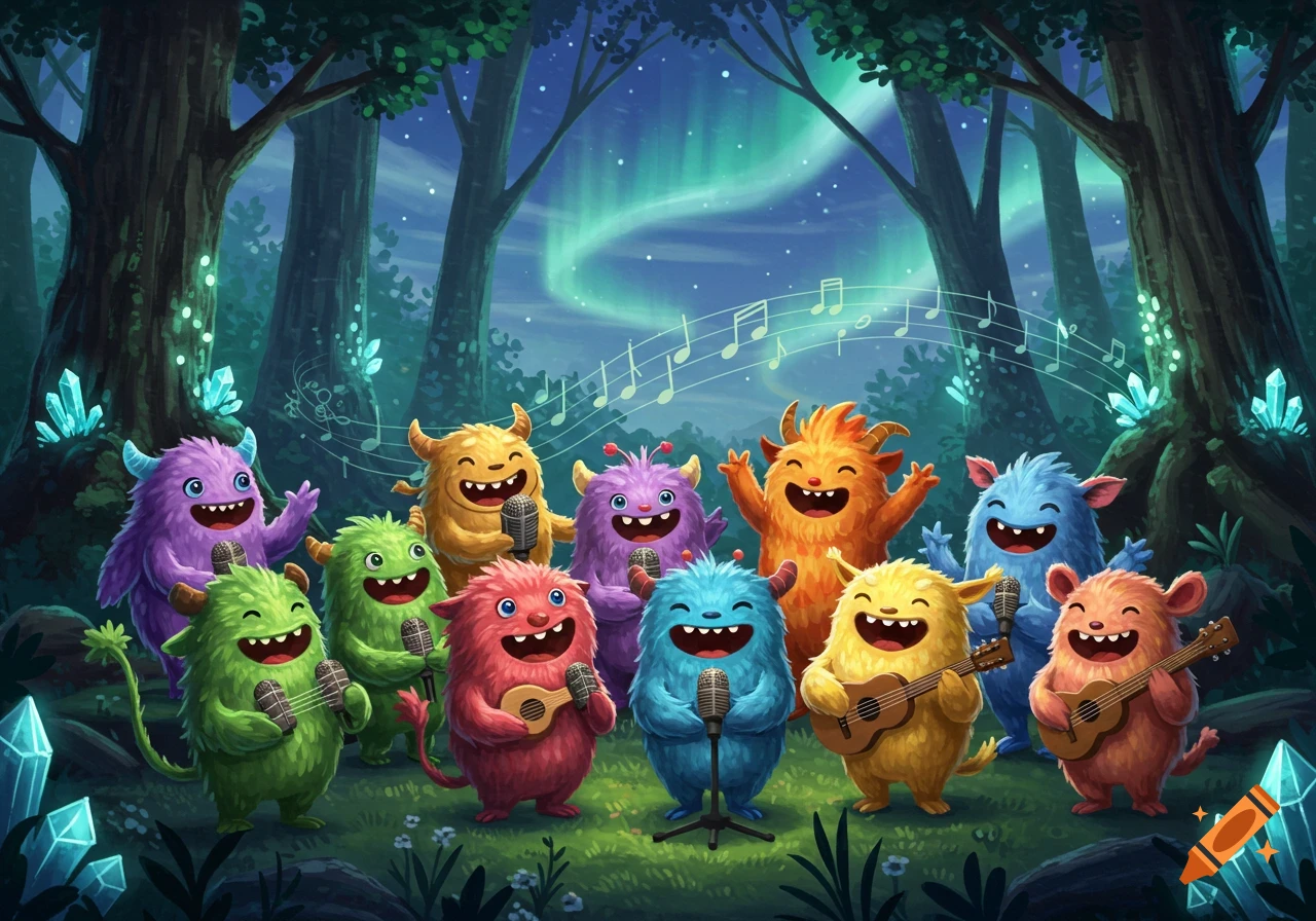 A diverse group of colorful, fluffy monsters singing and playing ukuleles in an enchanted forest at night under the aurora borealis.