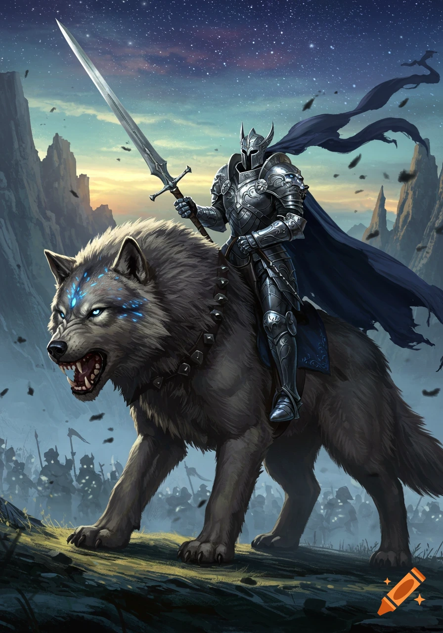 A heavily armored knight with a sword rides a fierce wolf with glowing blue eyes, leading an army under a starry sky.