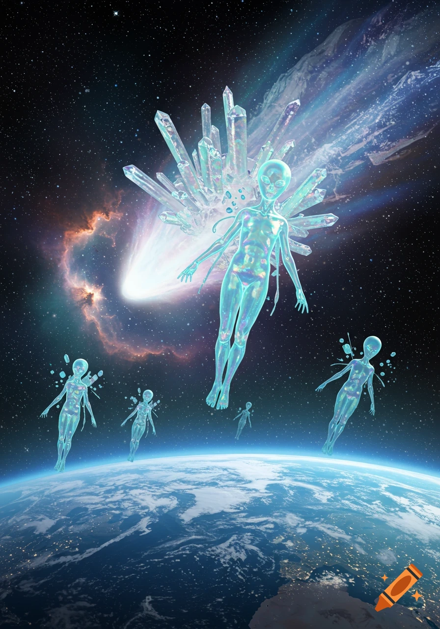 Translucent crystal aliens descend from a comet and crystal formation towards Earth in a vibrant space scene.