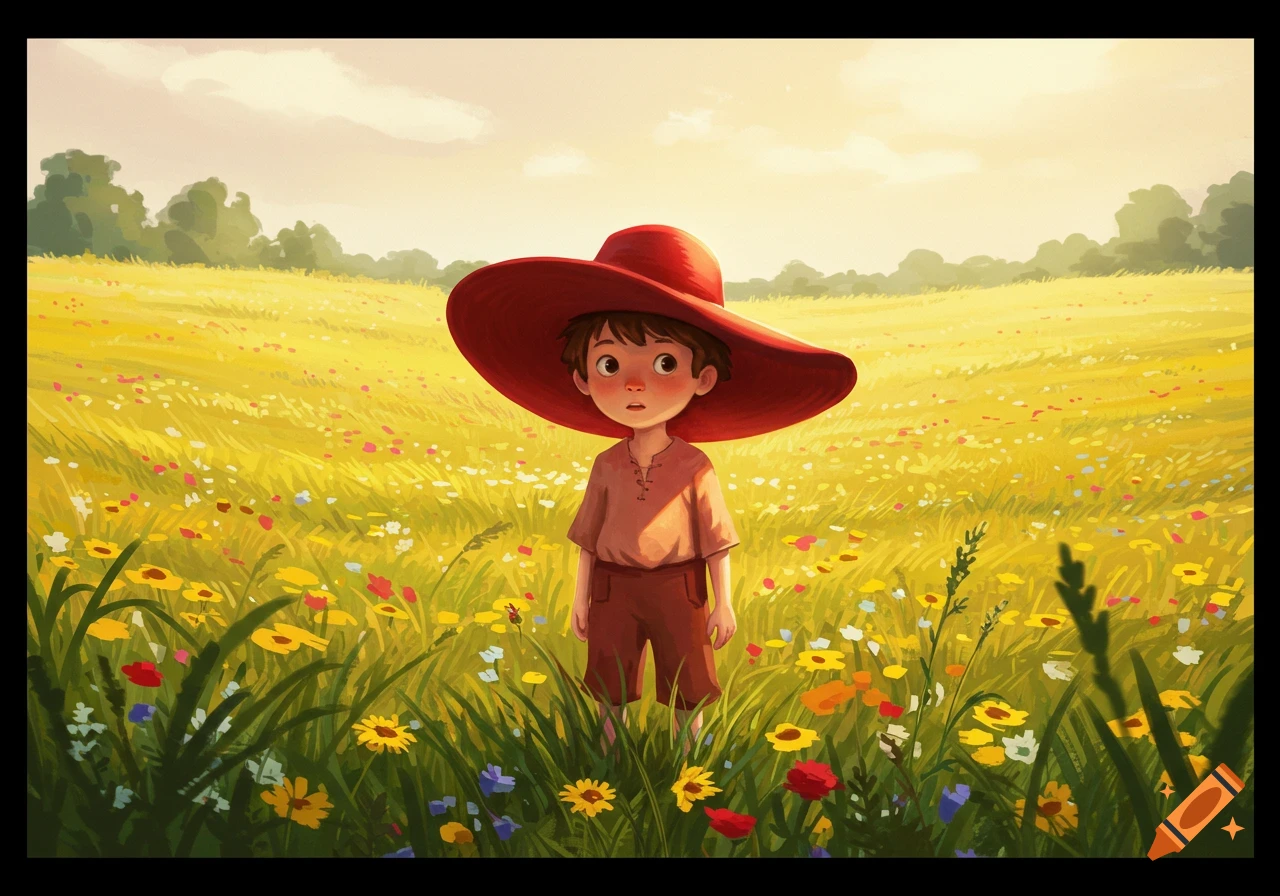 An illustrated boy in an oversized red hat stands in a vibrant field of yellow and colorful wildflowers under a bright sky.