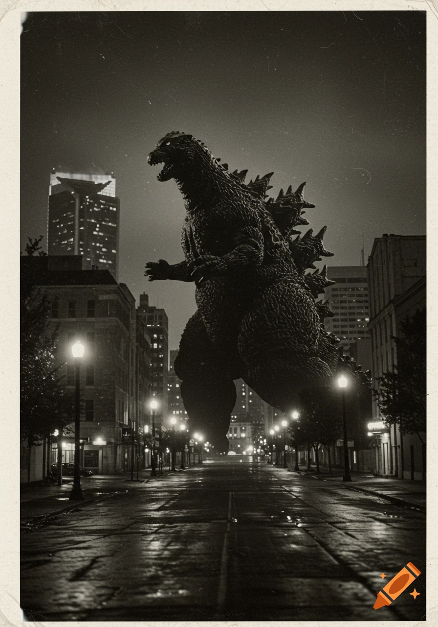 Black and white 1940s-style photograph of Godzilla towering over a rainy city street with illuminated buildings.
