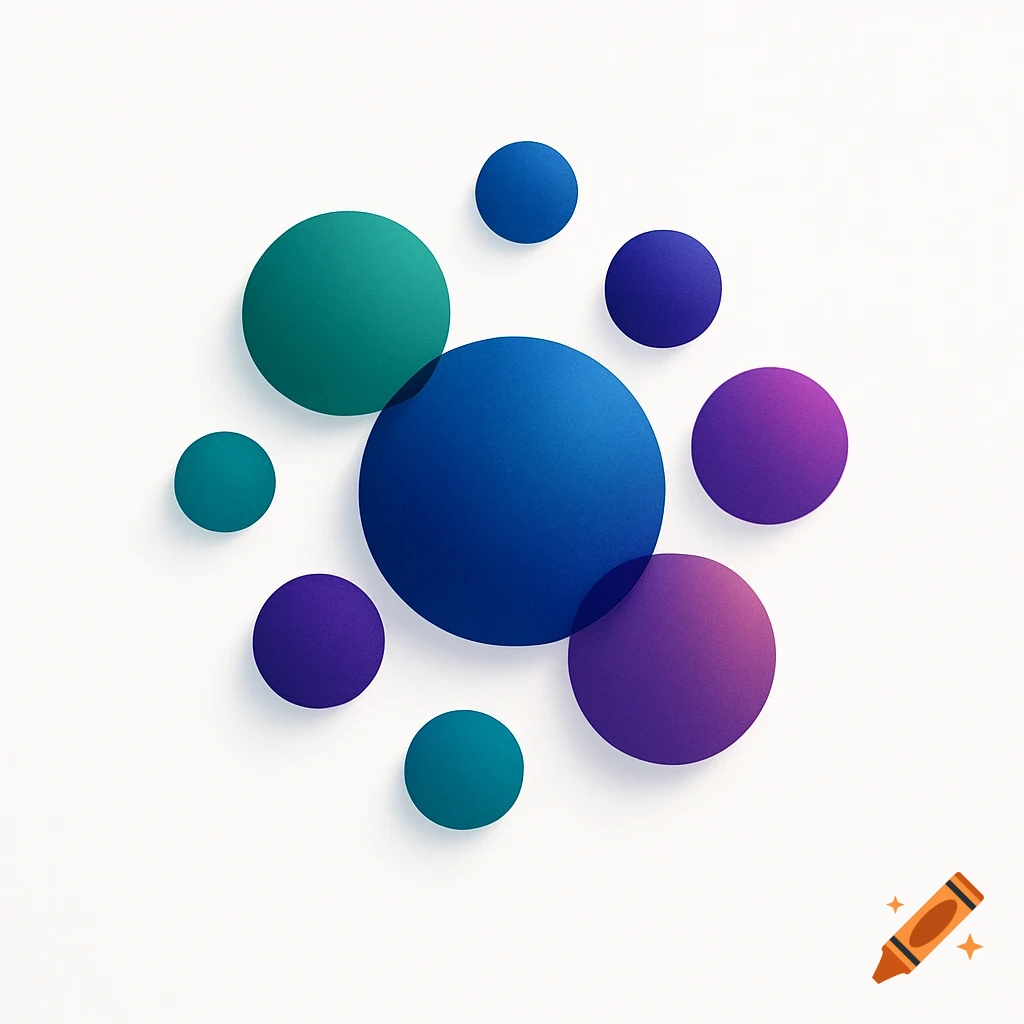 A central large blue circle surrounded by smaller teal, purple, and blue circles on a white background with soft shadows, forming a dot pattern.