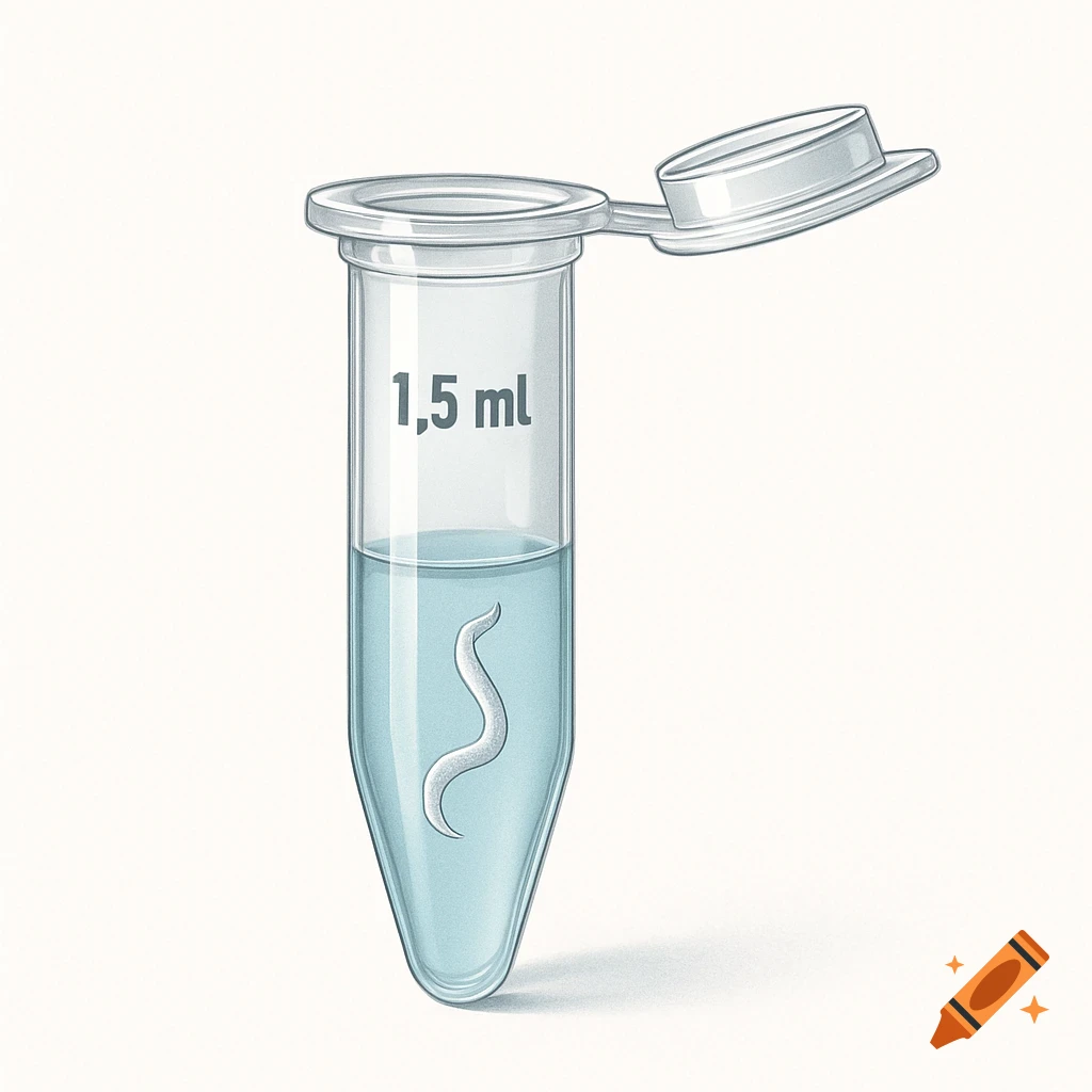 Illustration of a transparent 1.5 mL Eppendorf tube with light blue liquid and a small white enchytraeid worm inside.