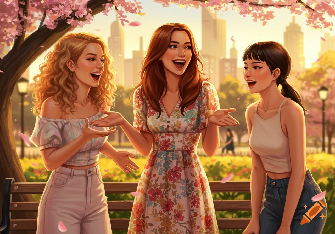 Three happy women in a park with cherry blossoms and a cityscape background, digitally painted.