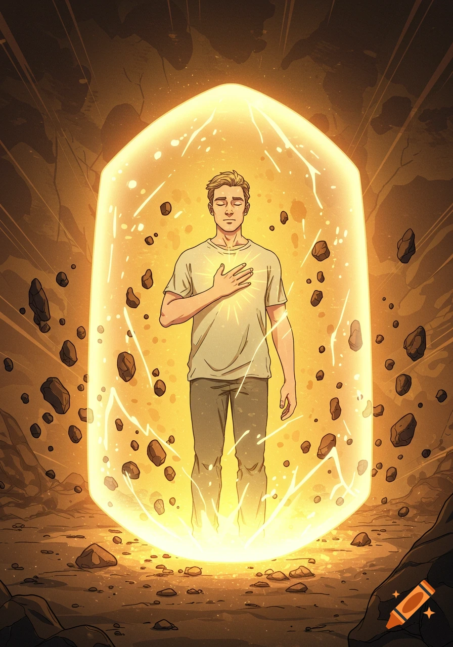 A comic-style illustration of a man with closed eyes, his right hand on his heart, standing calmly within a glowing, transparent energy shield deflecting flying stones.