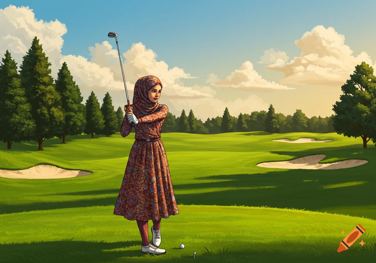 An illustrated image of a woman in a hijab swinging a golf club on a sunny green golf course with trees and sand traps.