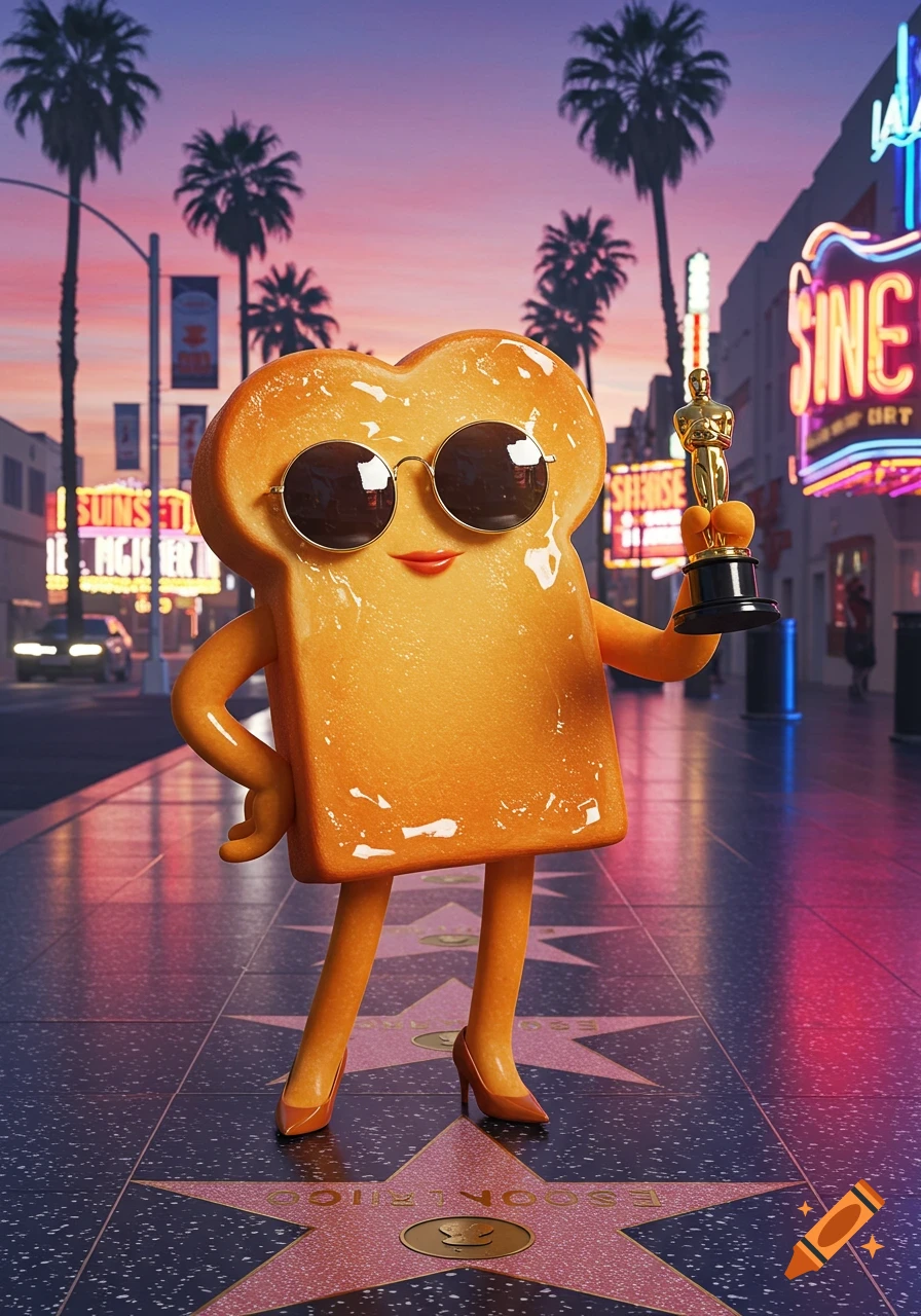A cartoon toast character in sunglasses and heels holds an Oscar award on the Hollywood Walk of Fame at sunset.