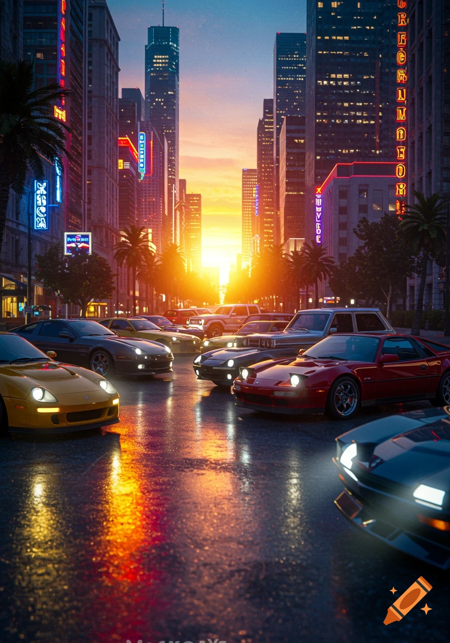 Classic sports cars line a wet city street at sunset, reflections of neon signs and tall buildings in puddles, photorealistic.