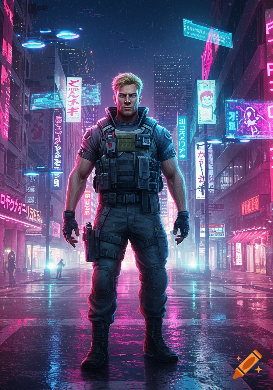 A muscular blonde man in tactical gear stands in a rainy, neon-lit cyberpunk city street at night.