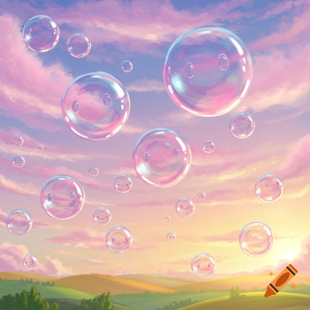Numerous iridescent bubbles with subtle smiley faces float over a pastel landscape with rolling hills under a pink and blue sky.