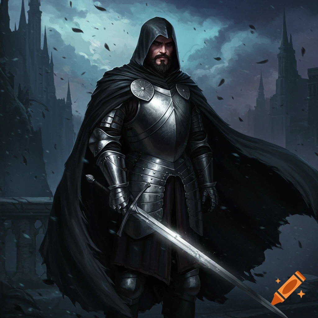 A bearded knight in shining armor and a black hooded cloak stands holding a sword against a dark, cloudy sky and castle ruins.