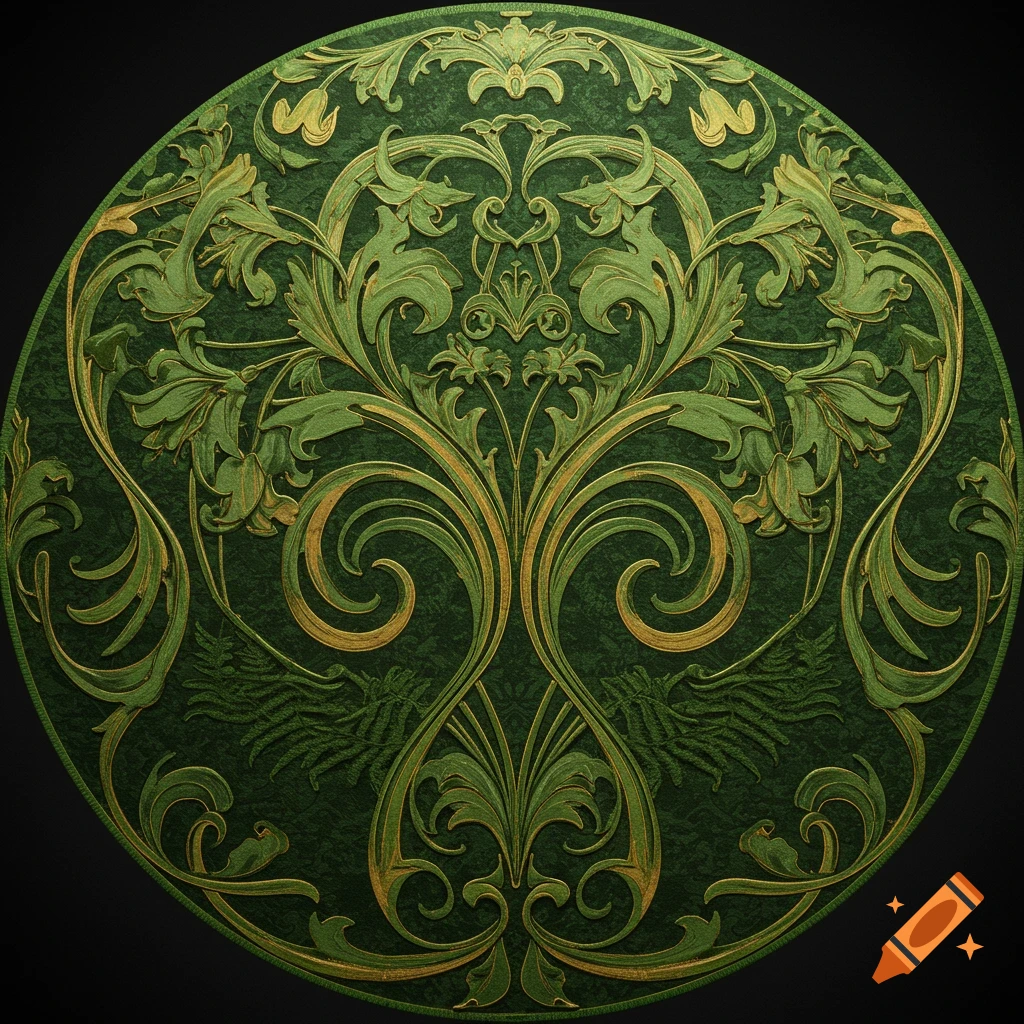 A circular Art Nouveau style carpet in shades of green and gold, featuring intricate floral and swirling patterns.