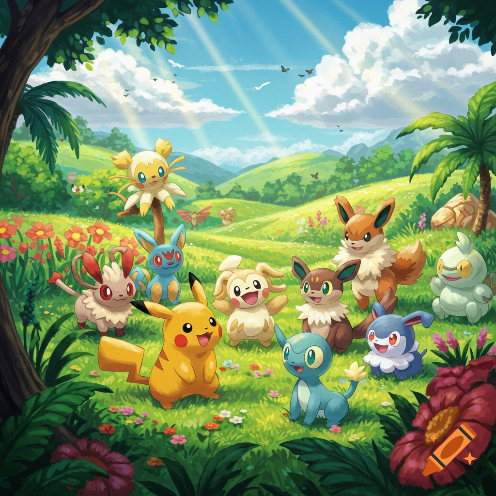 Pikachu, Eevee, and other Pokemon in a vibrant, sunny cartoon landscape.