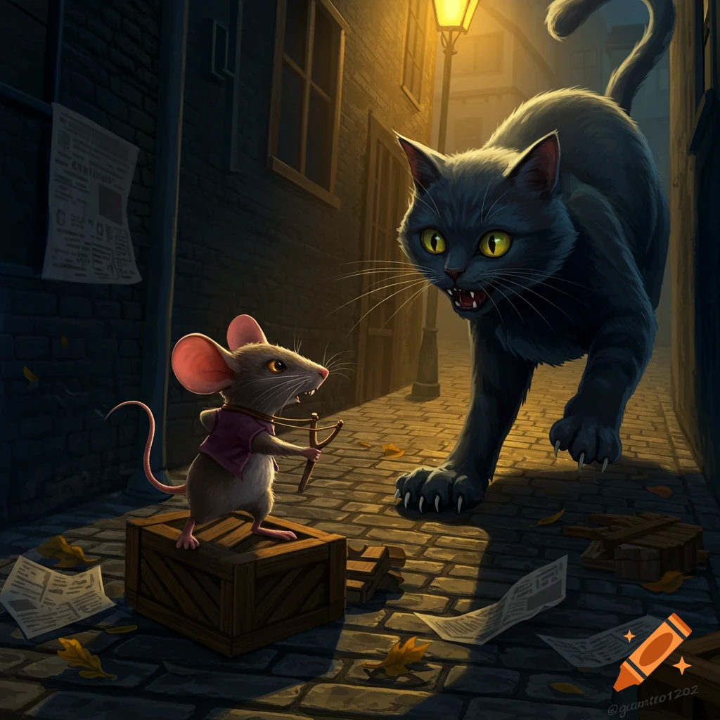 A small mouse with a slingshot confronts a large, angry black cat in a dark, lamp-lit alley. Digital art.