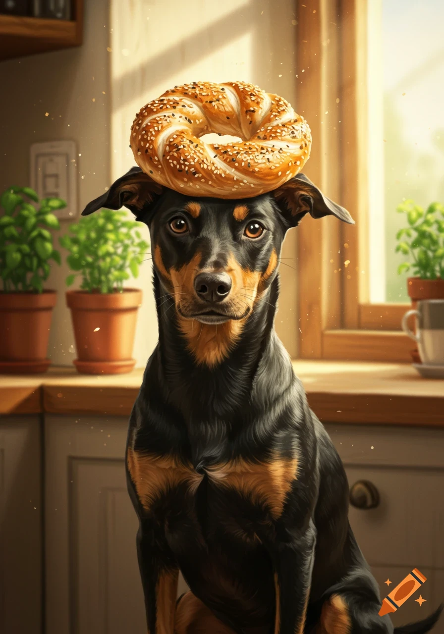 A black and tan dog sits in a sunny kitchen, balancing a sesame bagel on its head.