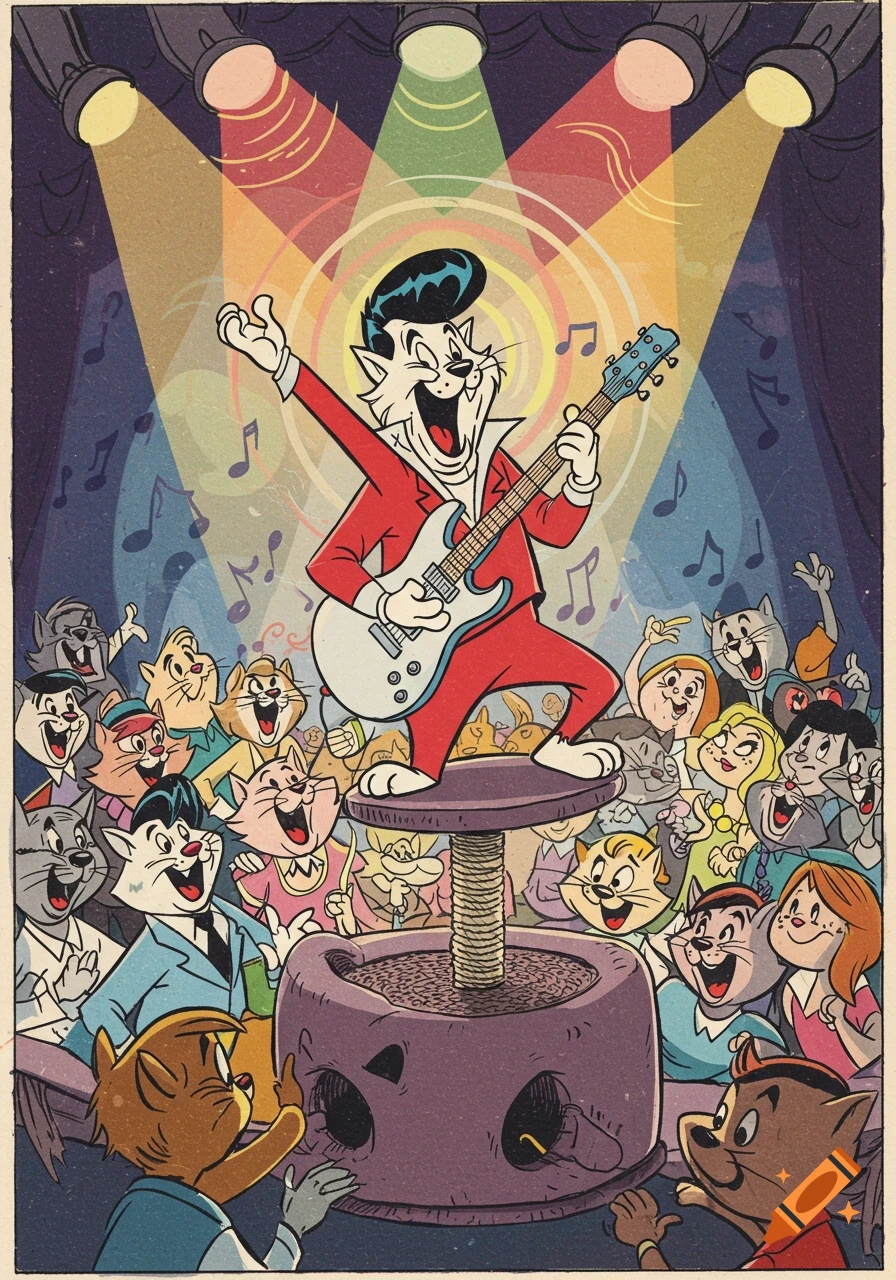 A cartoon cat resembling Elvis plays an electric guitar on a scratch post stage for an audience of cheering cats, in Hanna-Barbera style.