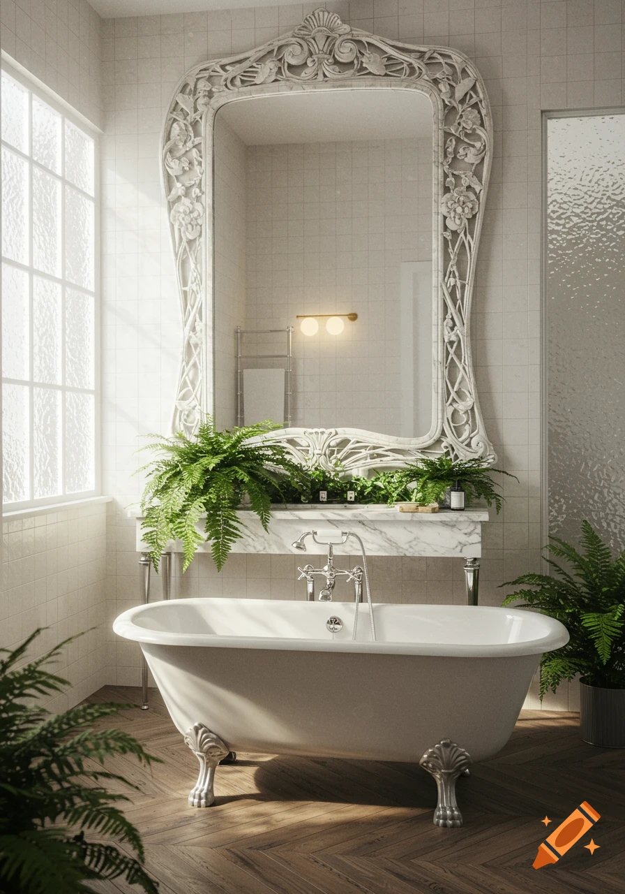 Photorealistic image of a stylish bathroom with a clawfoot tub, an ornate mirror, a marble vanity, and lush green ferns under a large window.