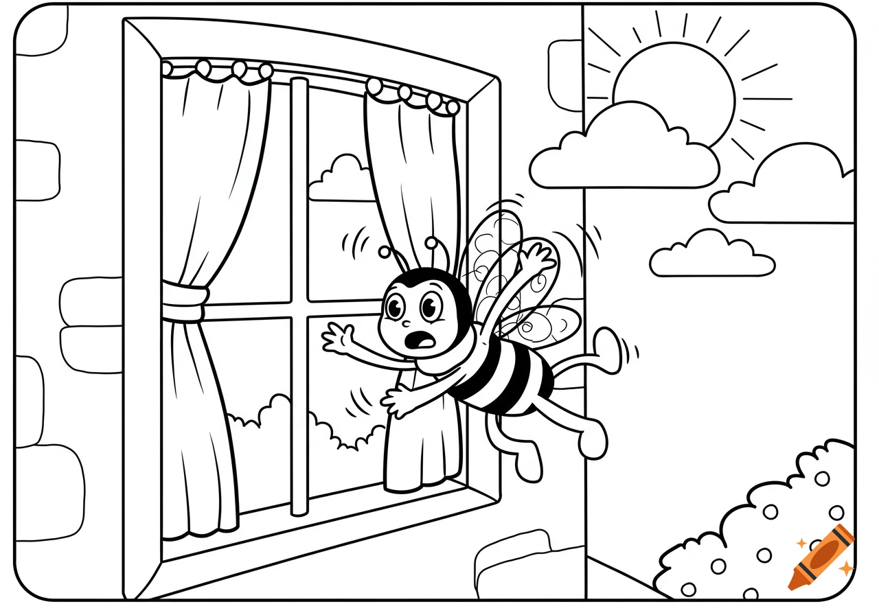 A black and white cartoon bee with big eyes and antennae falls out of a window, arms outstretched, in a coloring book style.