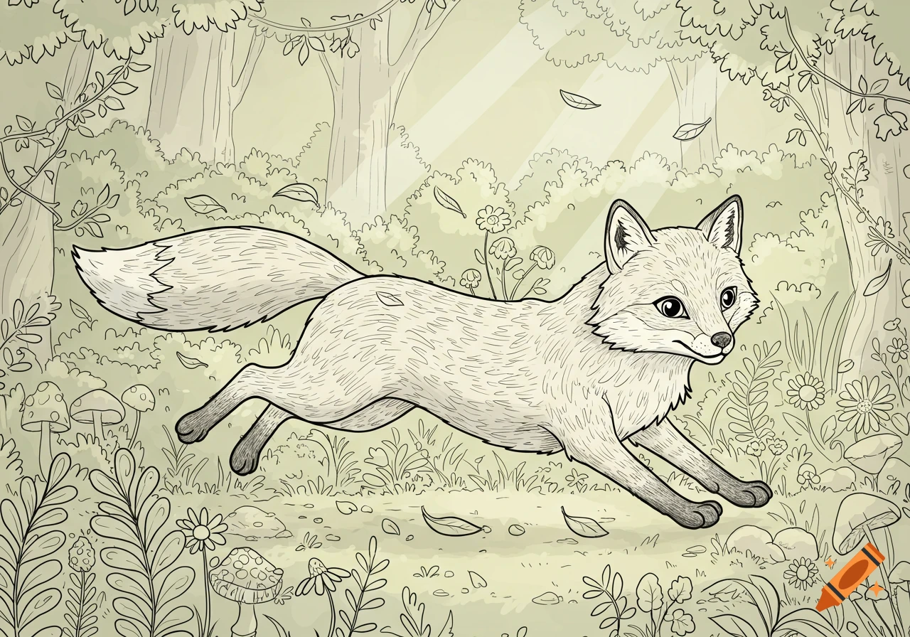 A gray fox with a fluffy tail runs through a forest filled with trees, bushes, flowers, and mushrooms, in a coloring book line art style.