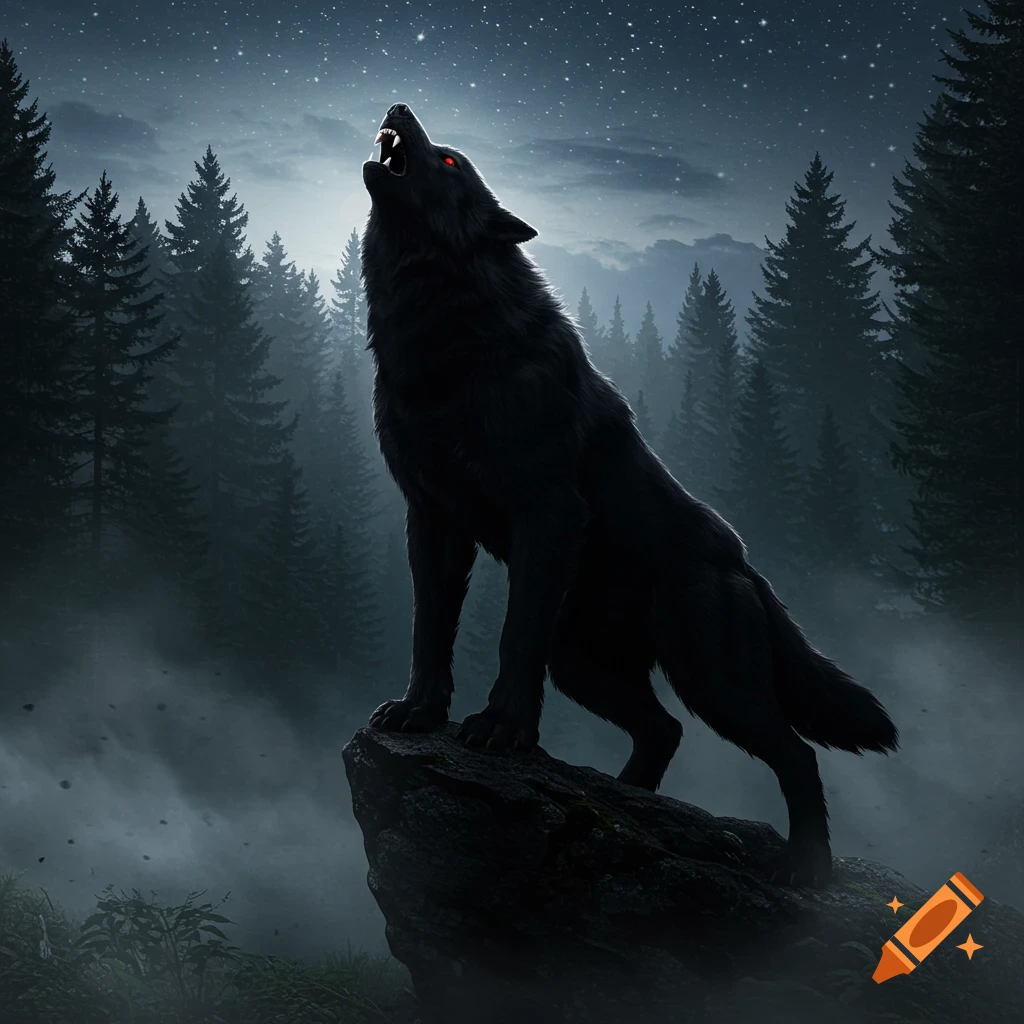 A realistic black wolf with glowing red eyes howls dramatically from a rock in a foggy forest under a starry night sky.