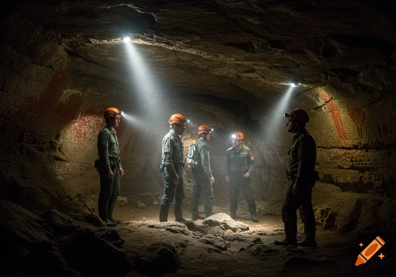 A group of archaeologists in hard hats and headlamps explore a dark cave, illuminating ancient carvings on the walls with their lights.