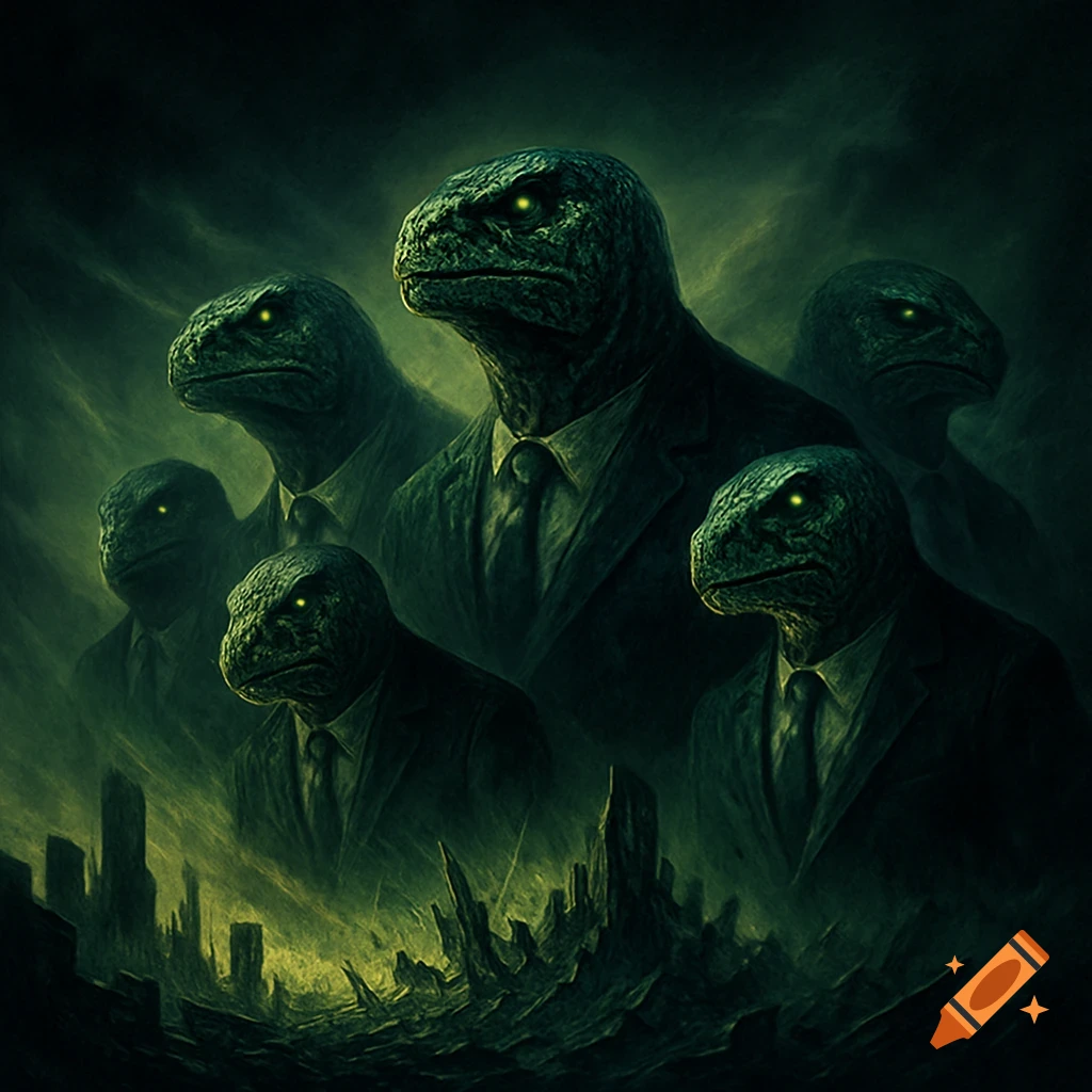 A dark, surreal image of reptilian humanoids in suits with glowing green eyes, against a murky green backdrop and a ruined city.