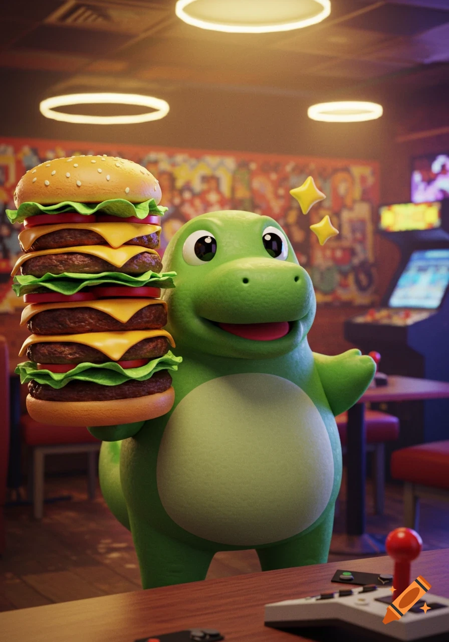 A cute green cartoon dinosaur holds a giant multi-layered cheeseburger in a retro arcade restaurant.