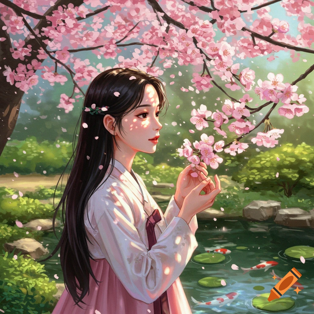 An anime-style illustration of a woman in a hanbok holding cherry blossoms beside a koi pond.