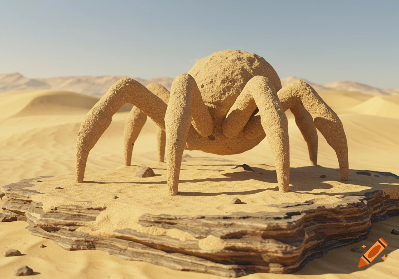 A photorealistic image of a sand-colored spider statue standing on a rock in a vast desert landscape.