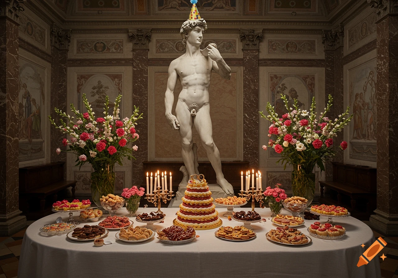 Photorealistic image of Michelangelo's David statue wearing a party hat, surrounded by a long table laden with a tiered cake, candles, and numerous desserts, set in a grand hall with classical art.