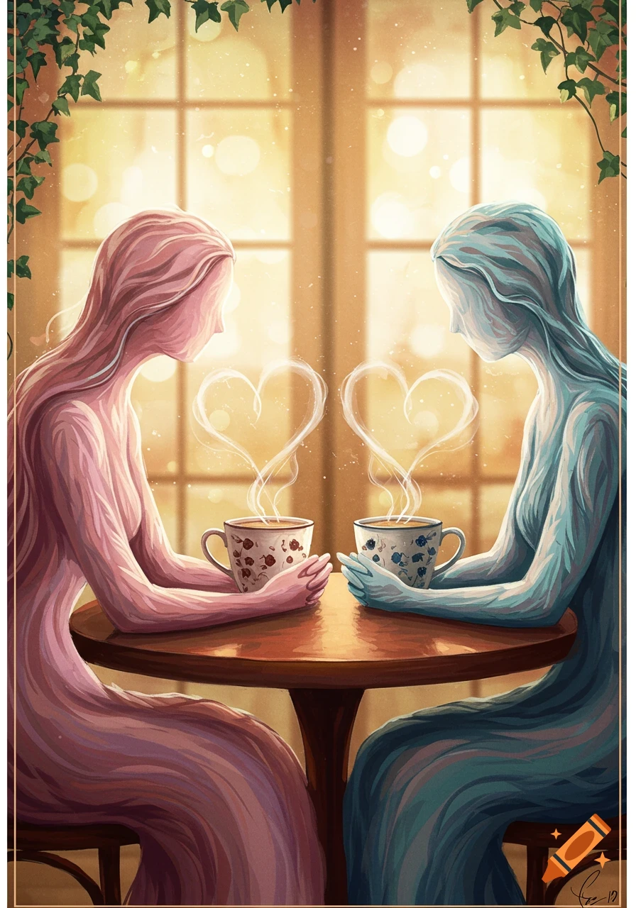 Two stylized figures, one pink and one blue, sit at a table holding coffee cups with heart-shaped steam, in a warm, illustrative style.